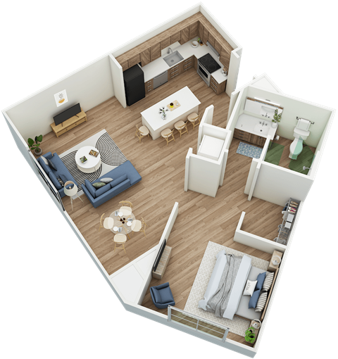 Large 1-bed, 1-bath 3D floor plan at Greenlawn Manor Apartments in New Smyrna Beach, FL